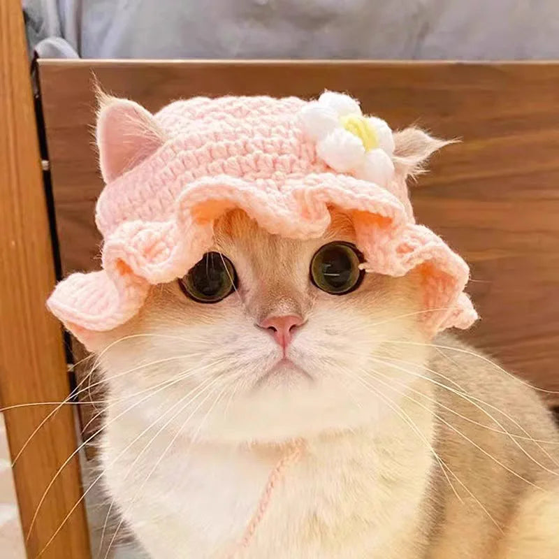 Pink Flower Color Knitted Cat Costume Hat With Elastic – Cute Photo Prop