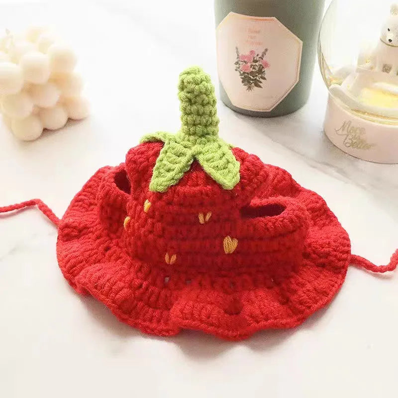 strawberry Color Knitted Cat Costume Hat With Elastic – Cute Photo Prop