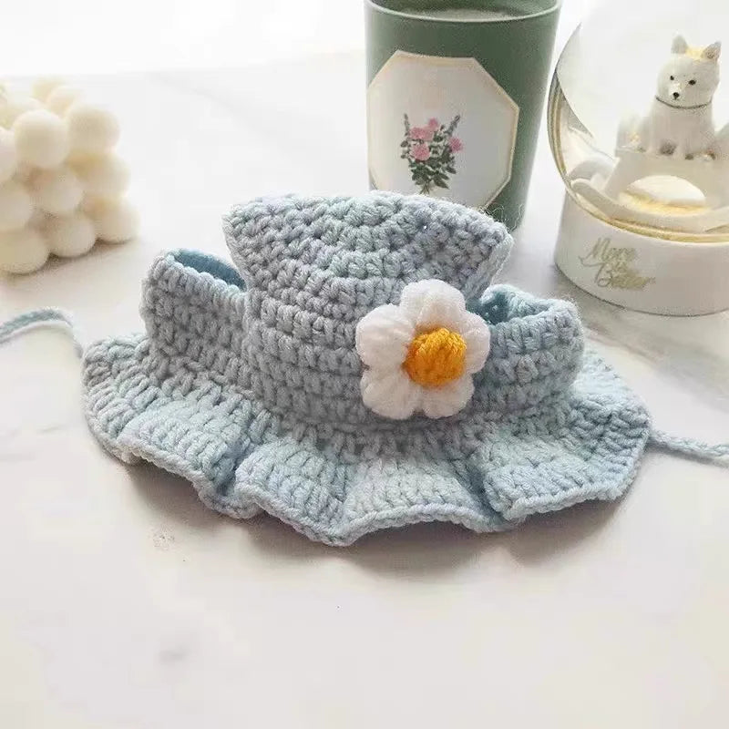 Blue Flower Color Knitted Cat Costume Hat With Elastic – Cute Photo Prop